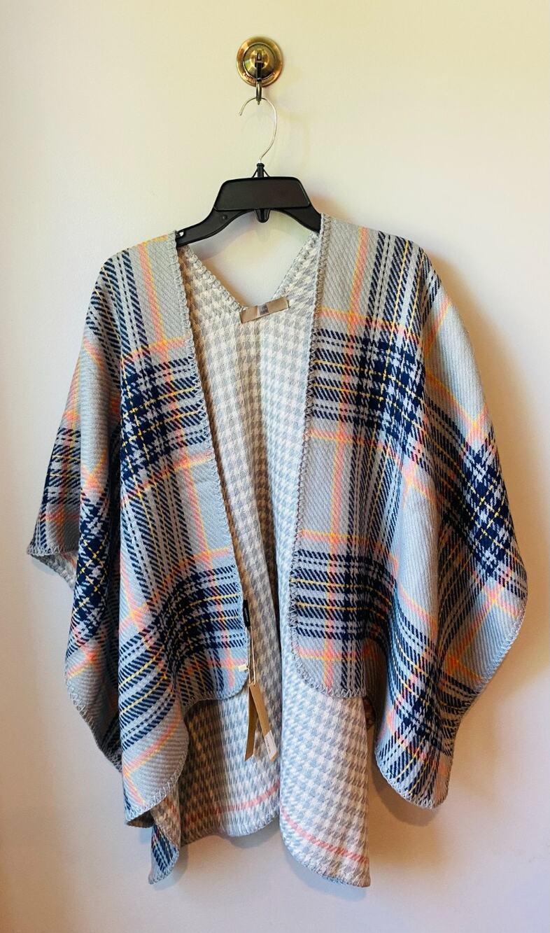 NWT Look Reversible Plaid & Houndstooth Poncho Wrap Cape Gray Orange Navy